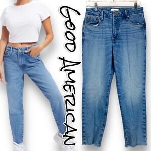 Good American Good Girlfriend Raw Hem Jeans Medium Wash Blue Womens Size 6/28